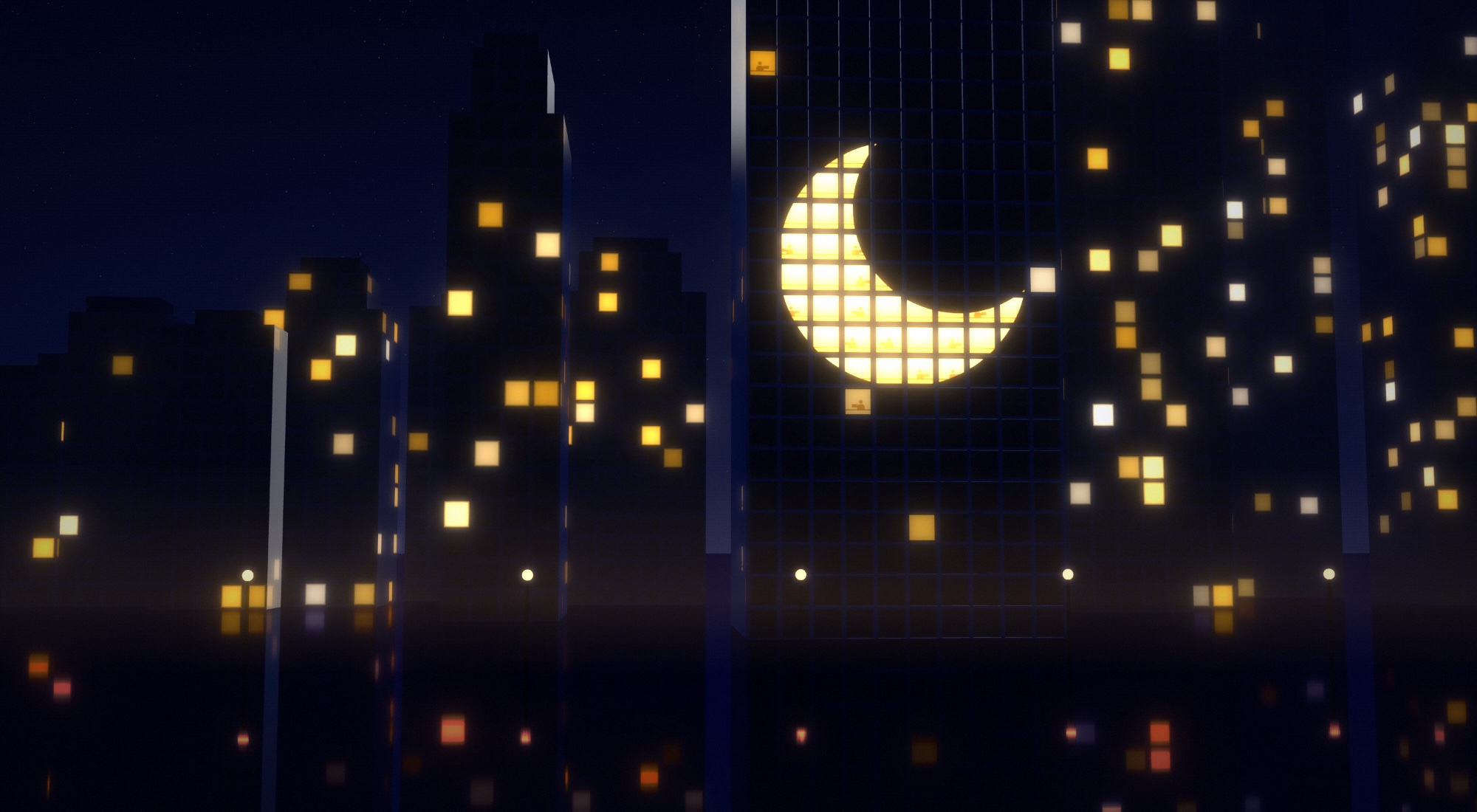 The block at night, with a crescent moon drawn by lit windows