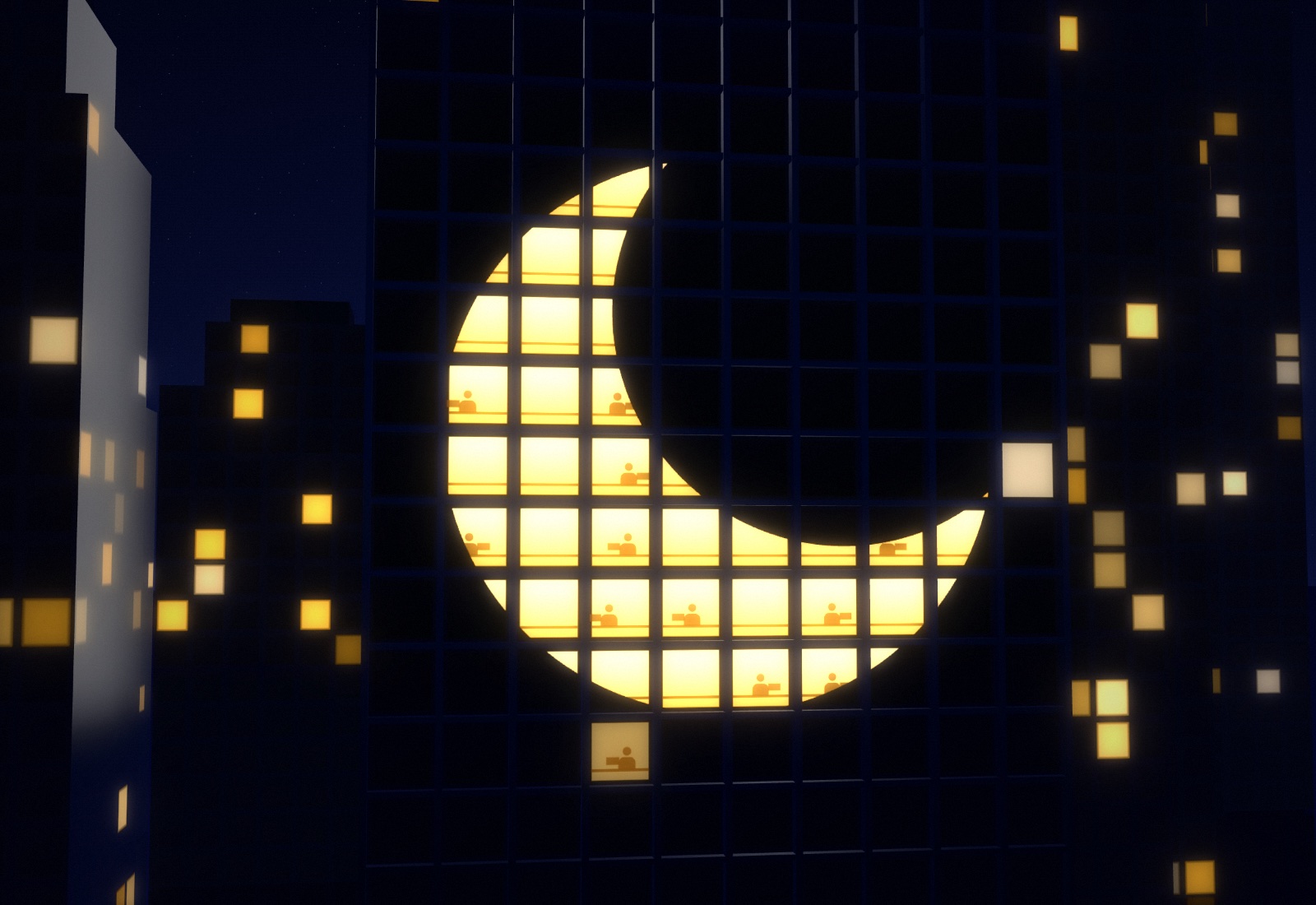 Lit office windows at night, with people at their desks